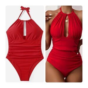 Flattering Full Coverage Halter Ruched Swimsuit One Piece Red Resort Vacation